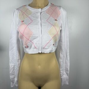 Edikted Argyle Crop Cardigan Sweater Sz S Applique Flowers Knit